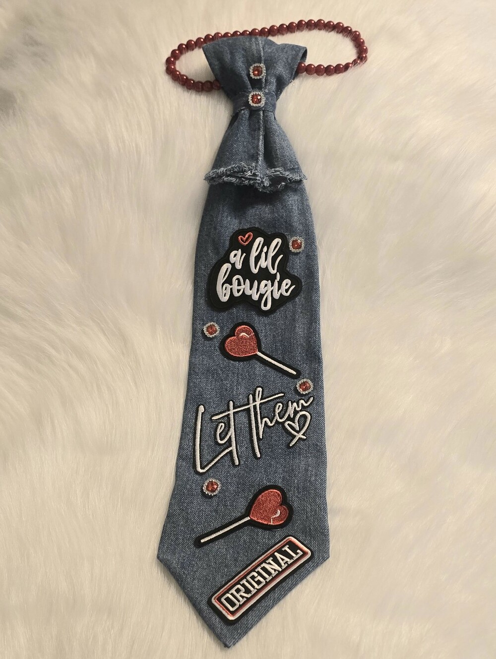 Custom Denim Necktie Necklace with Red Lollipop Accents